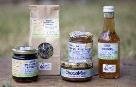 Les cueillettes du Lauzet, sirop d'agastache, miel de haute montagne, gelée de cassis et de casseille, chocomiel et infusion respiration profonde
